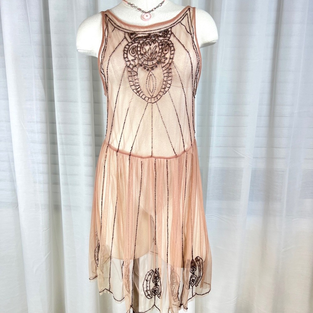 Free People Sheer Pink Beaded Mesh Dress Art Deco Womens Size M Flapper Boho - Picture 2 of 8